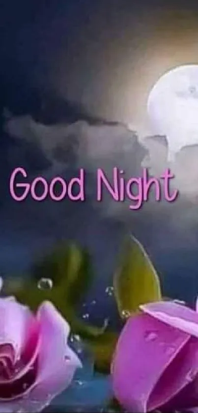 Pink roses under a glowing full moon with 'Good Night' text.