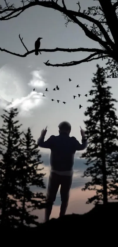 Silhouette of a person amidst trees with a moonlit sky and birds flying.