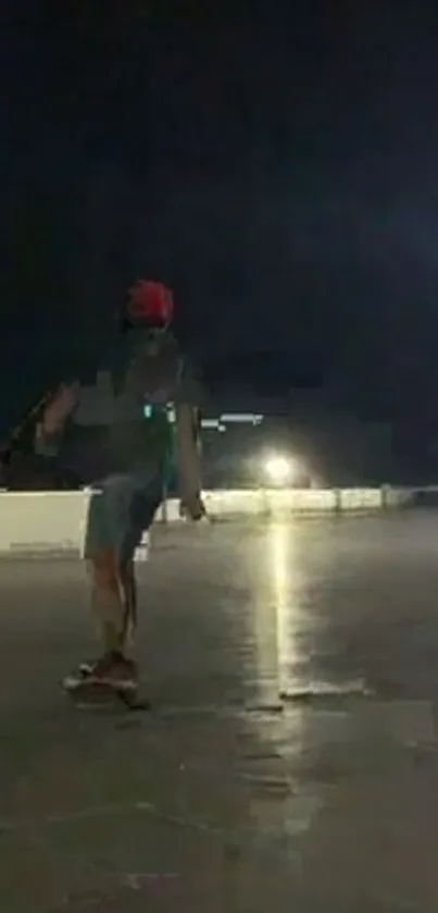 Skateboarder gliding at night under city lights against a dark sky.