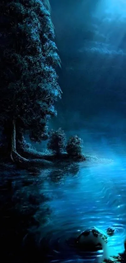 Tranquil night forest with moonlit sky and reflective water.