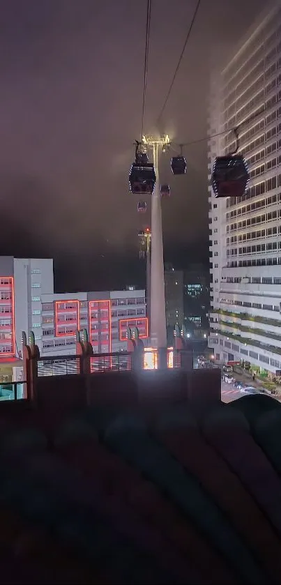 Night view of city skyline with lights, buildings, and cable cars.