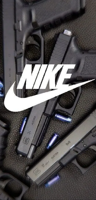 Nike logo with guns mobile wallpaper in dark theme.