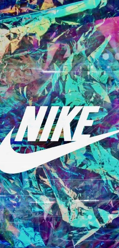 Vibrant holographic Nike wallpaper with logo.