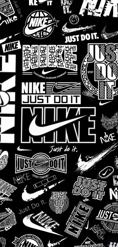 Black and white Nike logo collage mobile wallpaper with 'Just Do It' slogan.