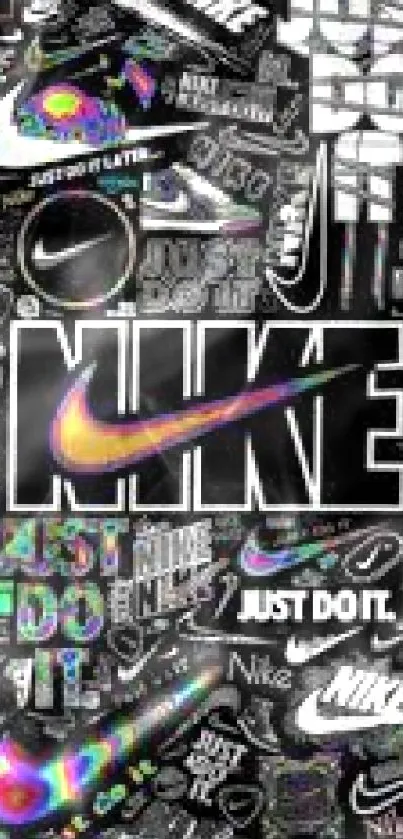 Nike logo collage wallpaper with vibrant colors and iconic slogans.