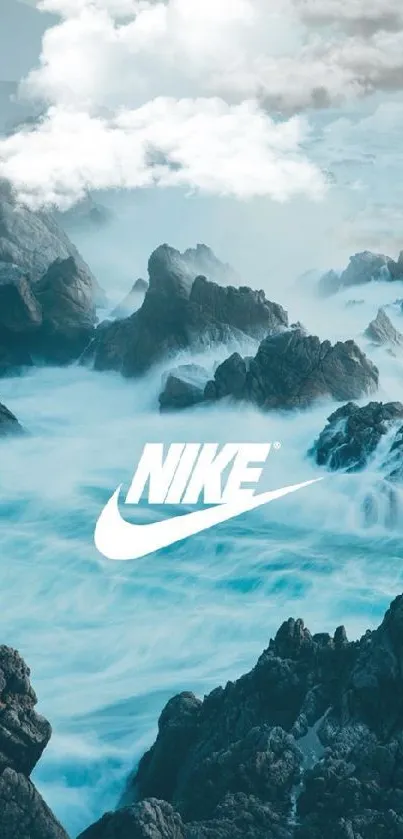 Nike logo with ocean waves and rocky coast wallpaper.