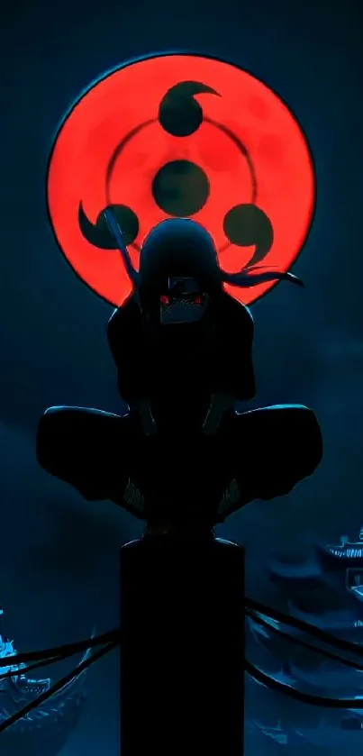 Silhouette of ninja against a red moon background.