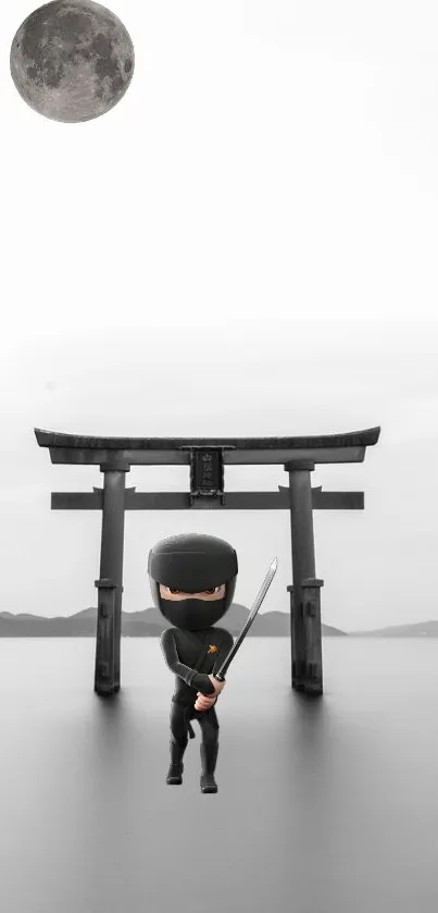 Minimalist ninja in front of Torii with moon.