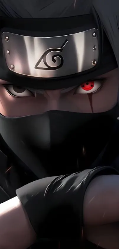 Ninja anime character close-up with intense gaze and dark theme.