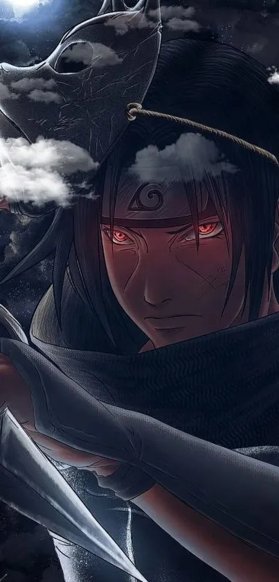 Anime ninja with red eyes in dark, cloudy setting.