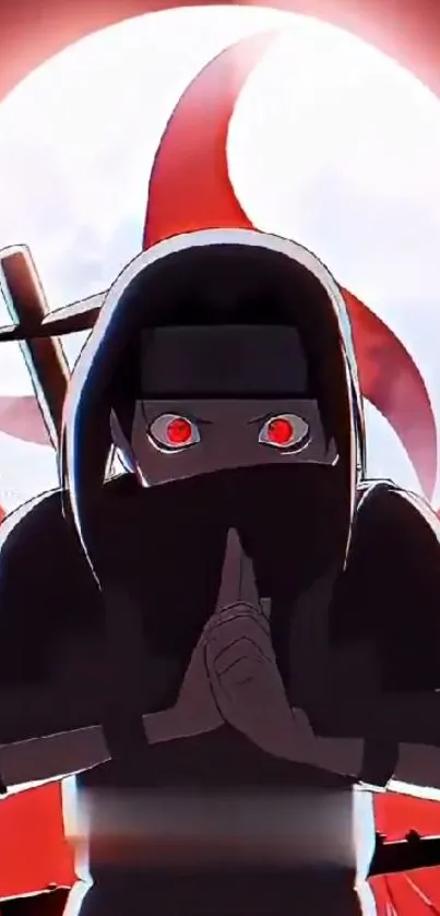 Anime ninja with red eyes under a bright moon.