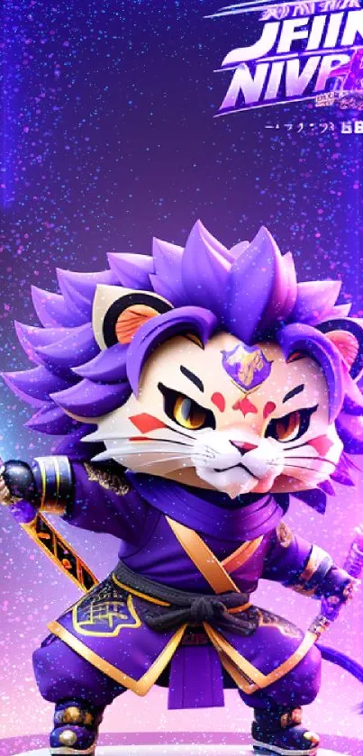 Vibrant ninja cat with lightsabers and purple outfit in anime style.