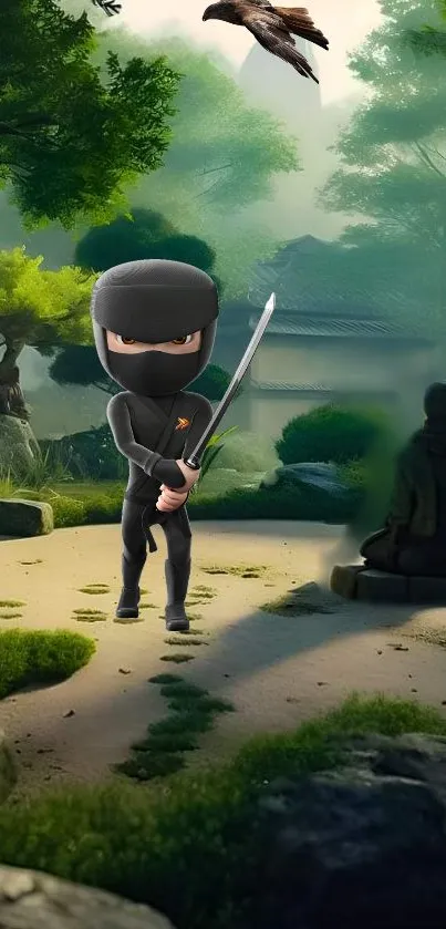 Ninja in a tranquil Japanese garden with serene greenery and traditional style.