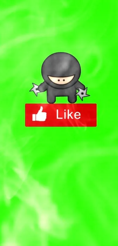 Vibrant green wallpaper with cute ninja and like button.