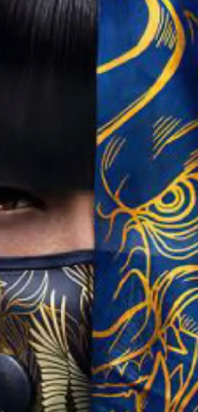 Ninja mask art with blue and gold patterns on mobile wallpaper.