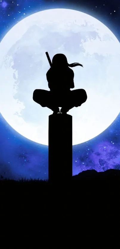 Silhouette of a ninja with a full moon backdrop, night sky in blue hues.