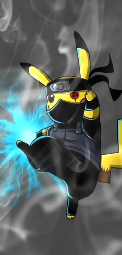 Pikachu dressed as a ninja with electric sparks on a dark gray background.