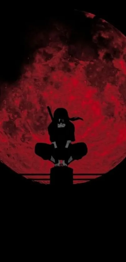 Ninja silhouette with red moon backdrop.