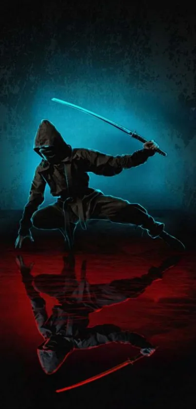 Ninja with neon sword and reflection in dark themed wallpaper.