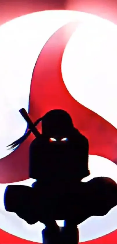 Ninja shadow in front of a bold red and white swirl background.