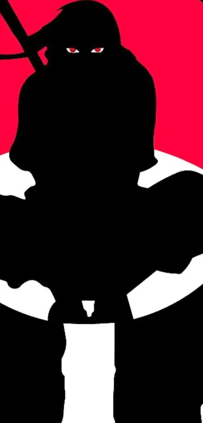 Silhouette of a ninja in red, white, and black.