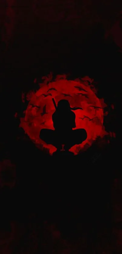 Ninja silhouette with red moon background art.