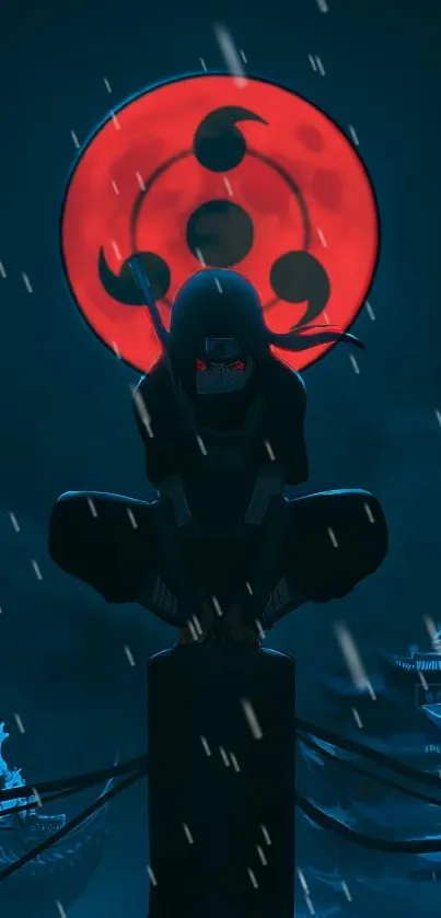 Silhouette of a ninja against a glowing red moon, creating a dramatic effect.