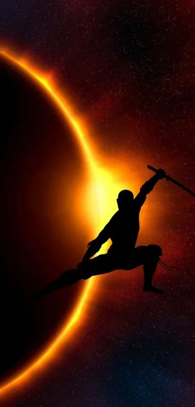 Ninja silhouette leaps against solar eclipse background.