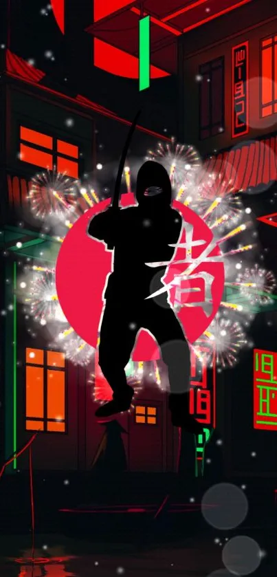 Ninja silhouette with neon backdrop, urban art mobile wallpaper.