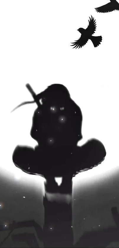 Silhouette of a ninja with flying birds on a black and white wallpaper.