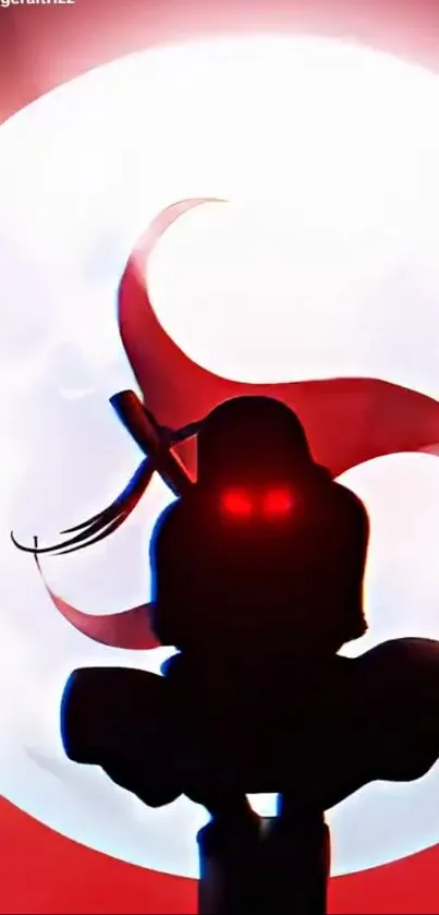 Ninja silhouette with glowing red eyes against a large moon backdrop.