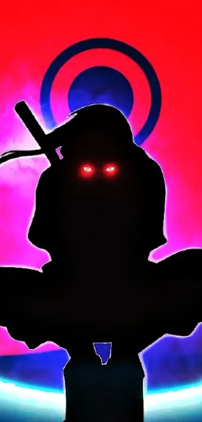 Ninja silhouette with red glowing eyes on bold red background with purple accents.