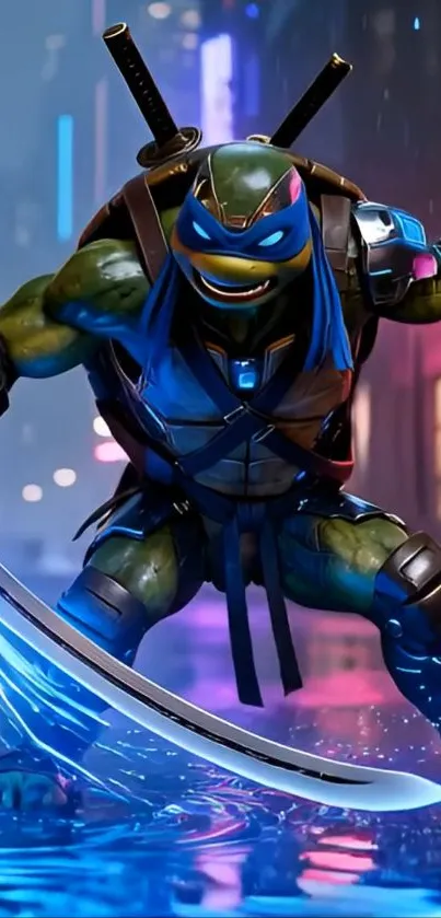 Ninja turtle with sword in an animated city setting.
