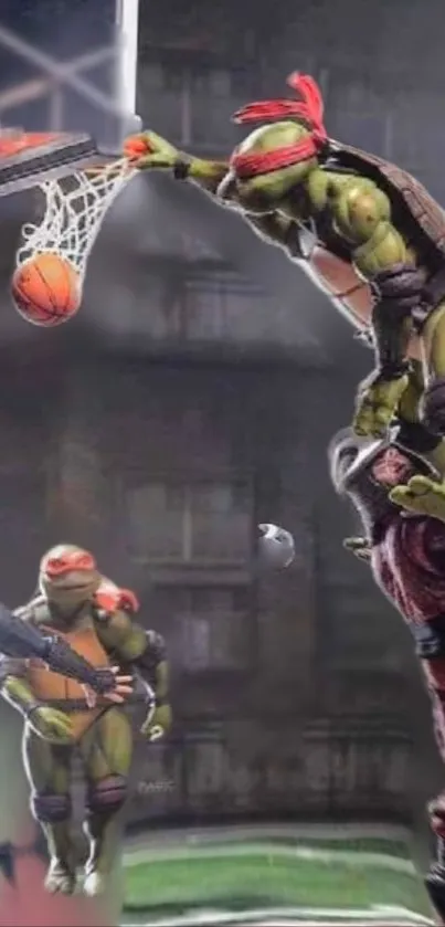 Ninja turtle performing a basketball dunk on urban court.