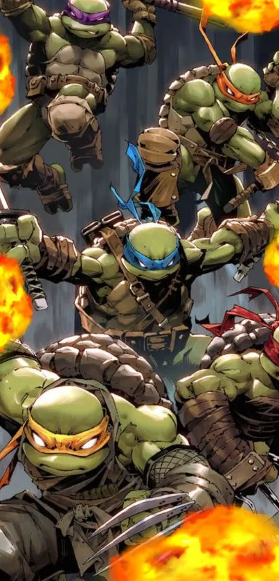 Ninja Turtles in action with fiery background, showcasing dynamic poses.