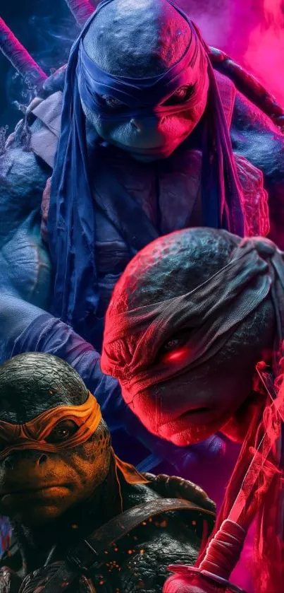 Epic Ninja Turtles in vibrant action scene.