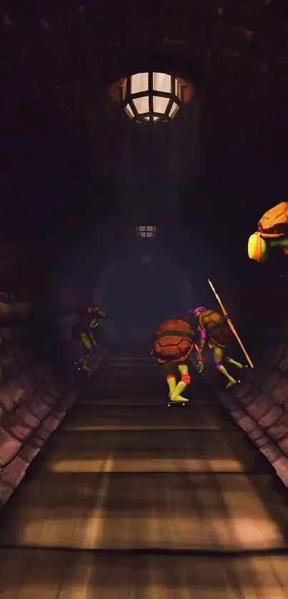 Ninja turtles in a dimly-lit sewer tunnel. Dynamic and adventurous mobile wallpaper.