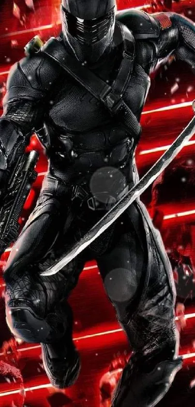 Ninja in black armor on a red, dynamic background with sword and weapon.