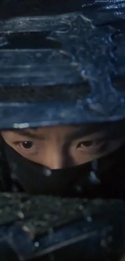 A ninja warrior in stealth mode with intense eyes peering through a dark mask.