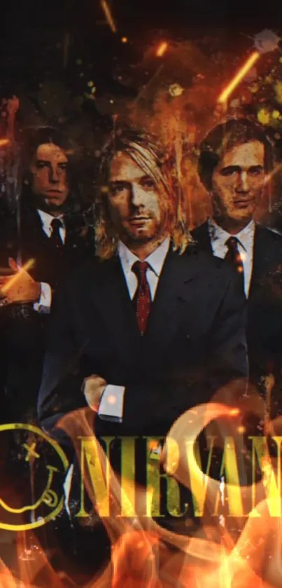 Nirvana band members in suits with fiery background and smiley logo.