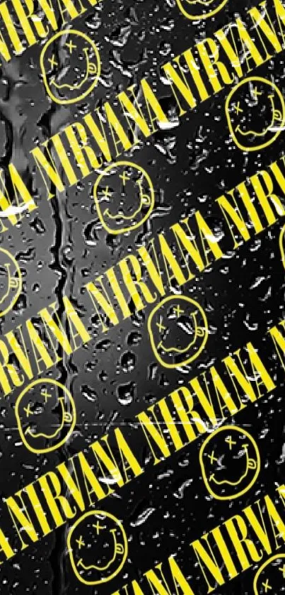 Nirvana logo wallpaper in yellow and black, featuring iconic smiley face.