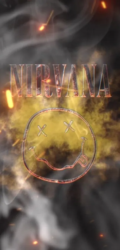 Nirvana smiley in smoke with fiery elements background.