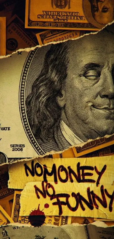 Graffiti text 'No Money No Funny' on dollar bill collage.