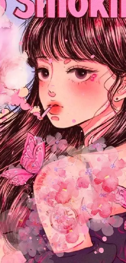 Anime girl with pink butterflies and floral design in no smoking theme.