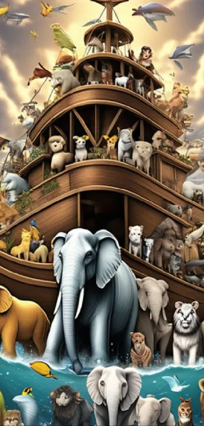 Animals aboard Noah's Ark in vibrant wallpaper design.