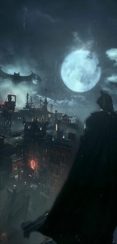 Caped hero overlooks city at night under a full moon.