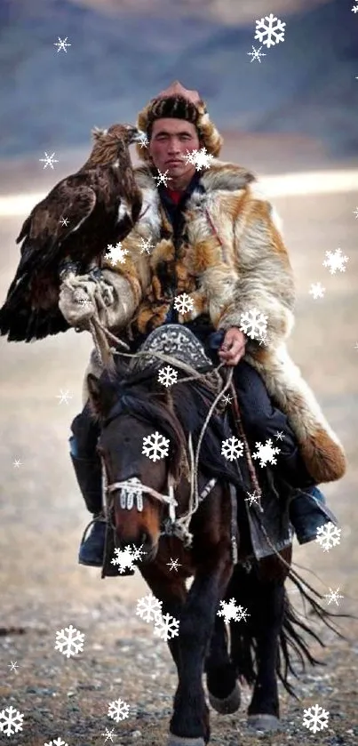 Nomadic horseman wearing fur with an eagle in a vast landscape.