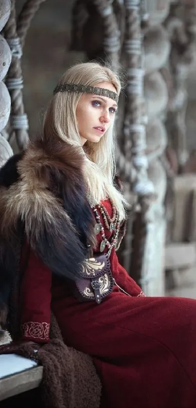 Woman in red dress with fur, Nordic style wallpaper.