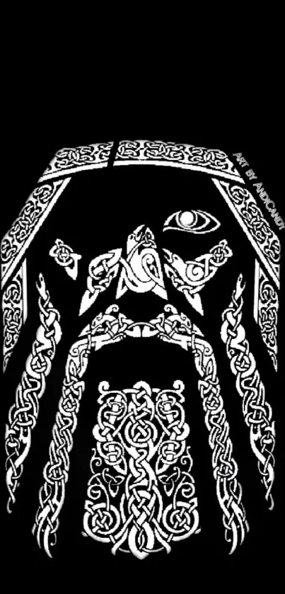 Nordic art wallpaper with intricate Viking patterns on black background.