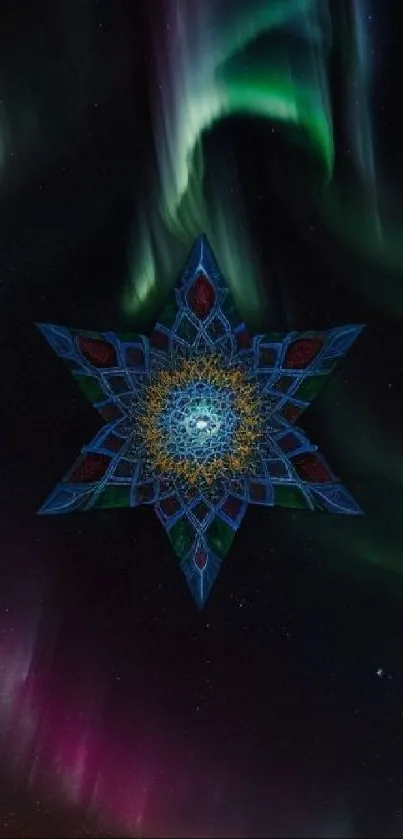 Geometric star against aurora and night sky wallpaper.